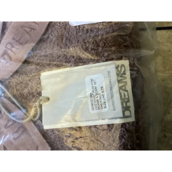 Barefoot Dreams CozyChic Pom Pom Beanie Scarf Set Chestnut Womens One Size New